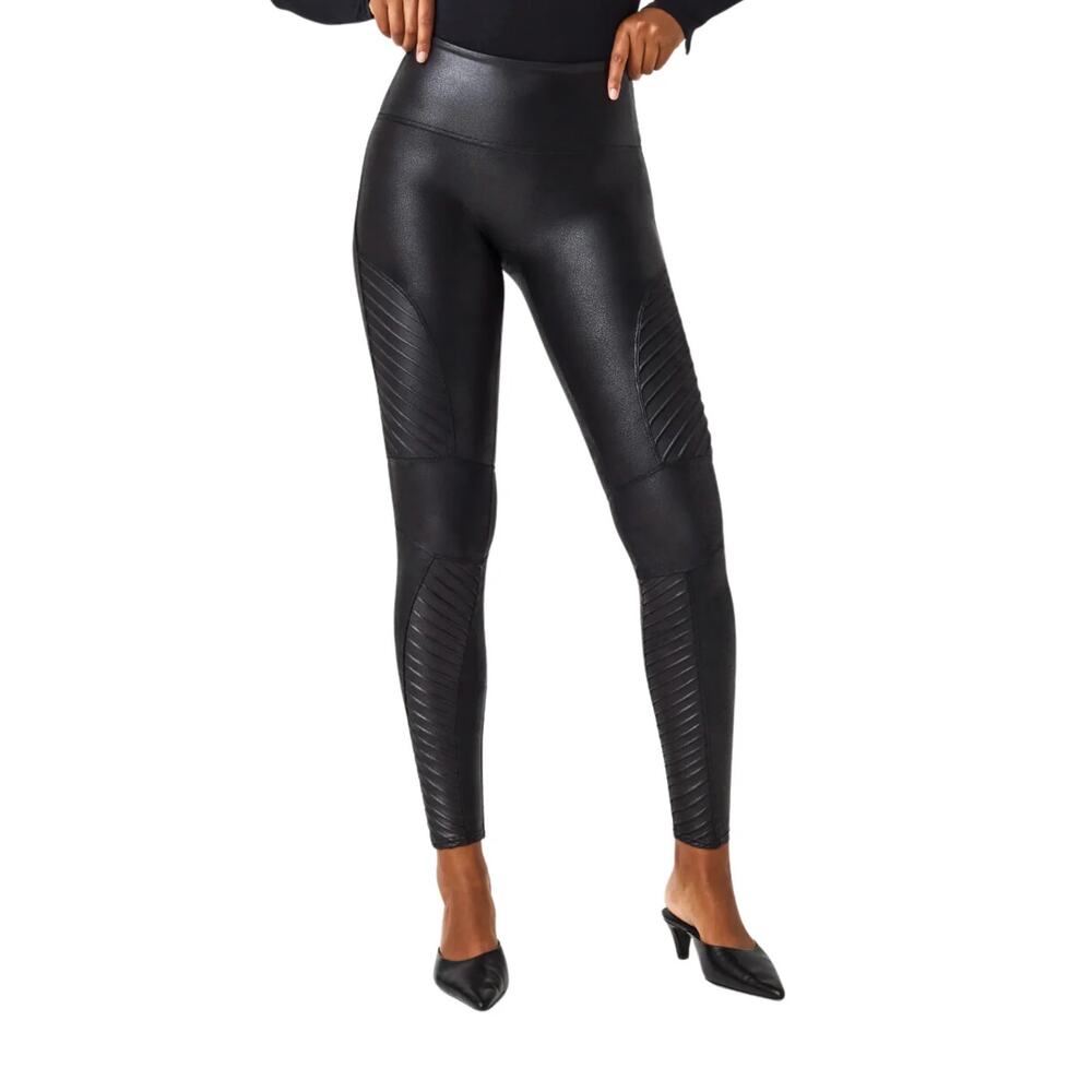 Spanx Black Faux Leather High Rise Moto Leggings Size Large